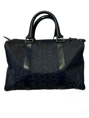 CELINE Authentic Vintage C Macadam Navy Blue Canvas Leather Trim Boston Bag Tote
